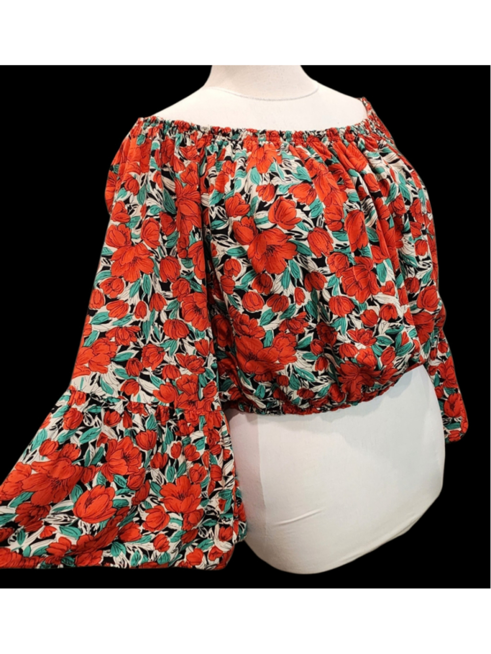 Red Floral Off-Shoulder Crop Top Long Bell Sleeve Bardot Boho Blouse Women's XL